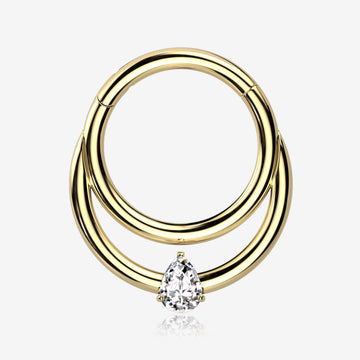 Implant Grade Titanium Golden Double Loop Teardrop Sparkle Clicker Hoop Ring-Clear Gem